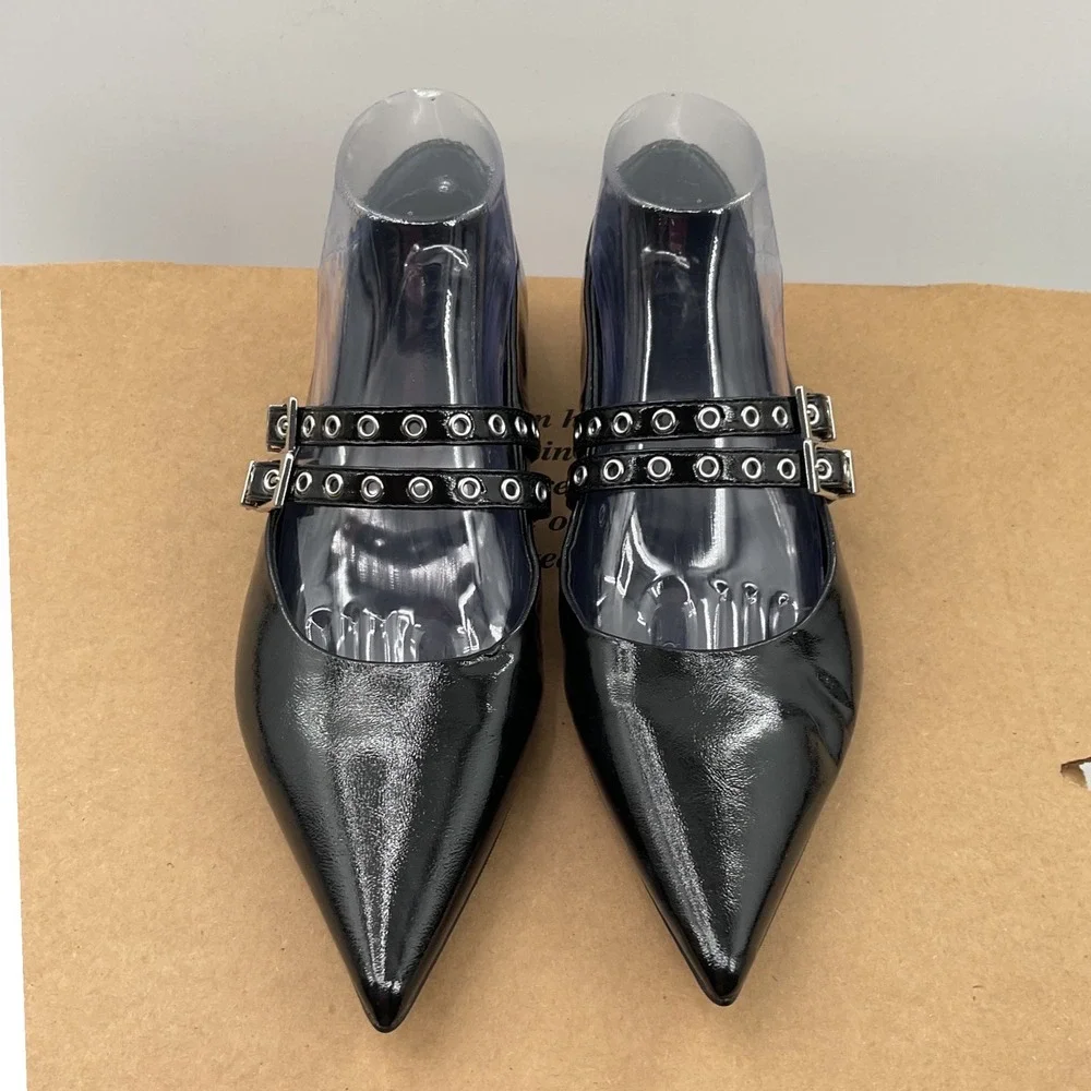 Open Edit Black Patent Pointed Toe Mary Jane Flats Double Grommet Buckle Straps